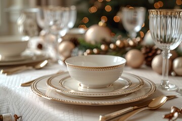 Wall Mural - Elegant table setting featuring gold-accented dishes, glasses, and festive holiday decorations.