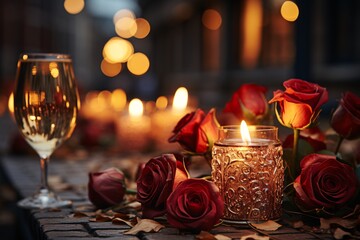 Wall Mural - Elegant evening table setting featuring red roses, a candle, and a wine glass.