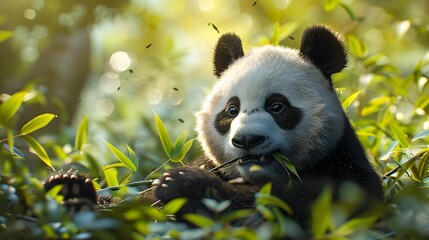 Sticker - Playful Panda Feeding on Bamboo in Tranquil Forest Landscape