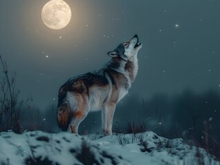 Sticker - Regal Wolf Howling at the Luminous Full Moon in Snowy Winter Wilderness