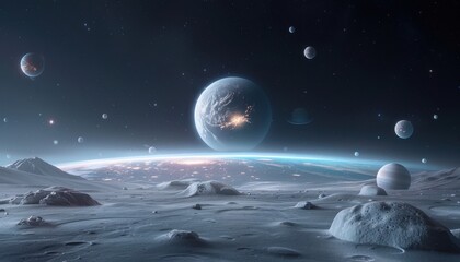 Canvas Print - A planet with a blue and white surface is surrounded by many other planets