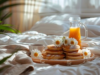 Canvas Print - Birthday Breakfast in Bed with Pancakes Juice and Floral Decor