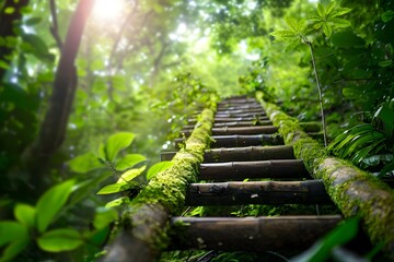 Poster - Enchanting Wooden Staircase Leading Through Lush Forest Emphasizing Nature's Avoidance Strategy