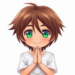 A serene chibi anime boy with brown hair and glowing halo smiling with closed eyes and hands in prayer.