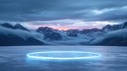 Wall Mural - A blue circle on a body of water with mountains in the background