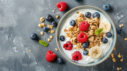 Wall Mural - Granola with fresh blueberries, raspberries, and yogurt in a bowl on a grey table.