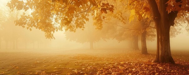 Poster - Serene autumn morning with mist rolling through golden trees and a blanket of fallen leaves covering the ground.