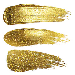 Poster - Three dazzling golden glitter brush strokes isolated on a transparent background