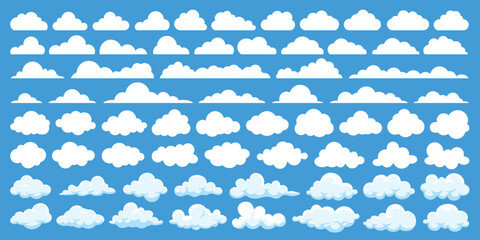 Wall Mural - set of vector white cloud or web cloud computing technology business icon isolated on blue backgroun