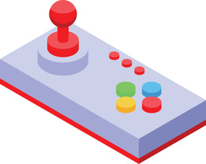 Poster - Retro gamepad with a red joystick and colorful buttons is lying on a white background