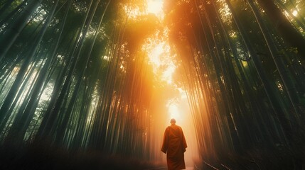 Poster - Solitary Monk Journeying Through Misty Bamboo Forest at Dawn