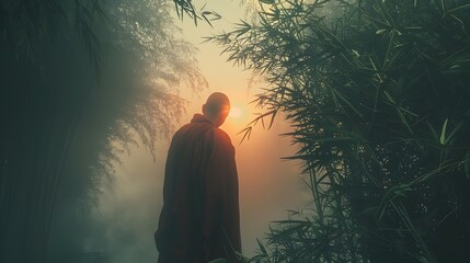 Poster - Solitary Monk Traversing Misty Bamboo Forest at Dawn Conveying Tranquility and Spiritual Contemplation