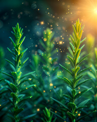 A field of green plants with a bright sun shining on them. The plants are illuminated by the sun and the light is reflected in the leaves