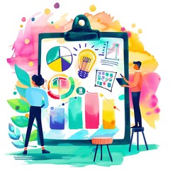 Poster - Coworkers Brainstorming Marketing Strategies on a Colorful Clipboad