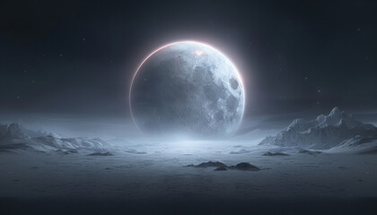 Wall Mural - a large, glowing moon is the center of a vast, empty, and desolate landscape