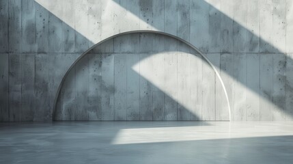 Poster - Industrial style concrete wall with a partial arch shadow cast by sunlight, creating a minimalist and modern architectural photo with geometric patterns.