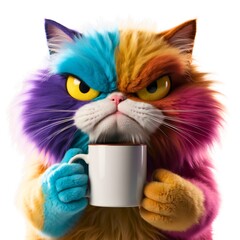 Whimsical grumpy looking cat holding a cup of coffee humorous expression on isolated white background.
