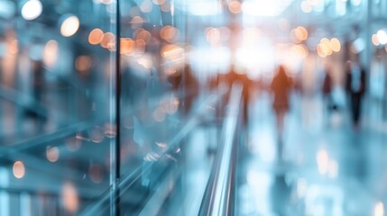 A striking image of blurred reflections of a crowd in the glass interior of a modern building, highlighting the movement and bustling nature of urban life.