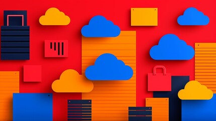 Contemporary design with cloud computing, data transfer, and encryption; streamlined graphics and geometric shapes representing firewall, VPN, and malware protection. Illustration, Image, ,