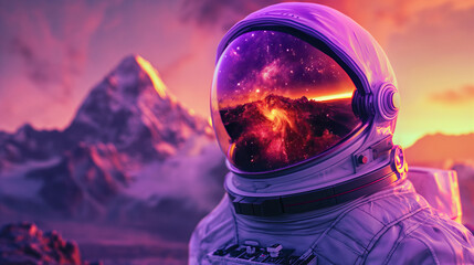 Wall Mural - astronaut standing during sunset in retrowave color style. wallpaper background