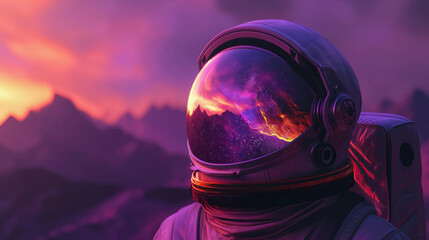 Wall Mural - astronaut standing during sunset in retrowave color style. wallpaper background