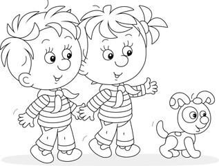 Wall Mural - Little girl and boy friendly talking and walking with their funny puppy, black and white vector cartoon illustration for a coloring book