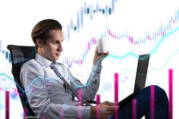 Wall Mural - A man in a chair with a laptop and coffee cup, overlaid with colorful financial graphs on a white background, illustrating business analysis