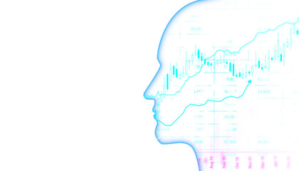 Wall Mural - Silhouette of a human head with financial charts overlay on a white background, concept of business intelligence analysis. 3D Rendering