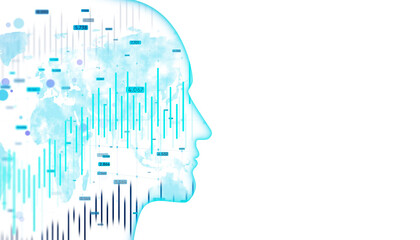 Poster - A digital human head silhouette overlaid with analytical charts, against a bright white background, illustrating the concept of data analysis or artificial intelligence. 3D Rendering