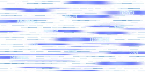 Poster - Abstract digital artwork with city names overlaying dynamic blue and white horizontal lines on a clean background, concept of motion and connectivity. 3D Rendering