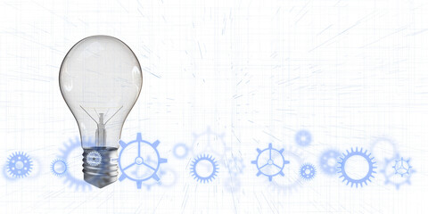 Poster - Light bulb with blue gears on a white blueprint-style background, depicting innovation and conceptual design. 3D Rendering