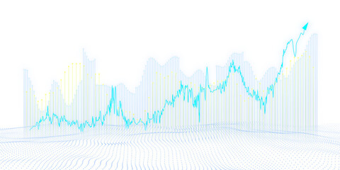 Abstract financial chart with upward trend line graph on a dotted grid background, concept of growth and success. 3D Rendering