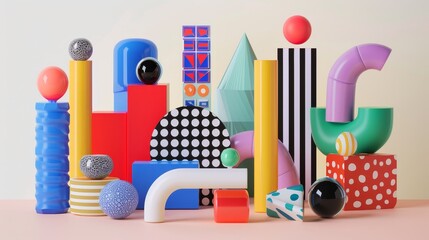 Poster - Retro-inspired Memphis design family artwork in 3D AI generated illustration