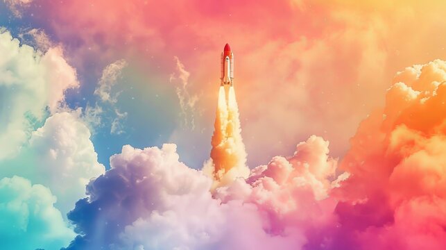 Rocket ship blasting off into a rainbow-colored sky  AI generated illustration