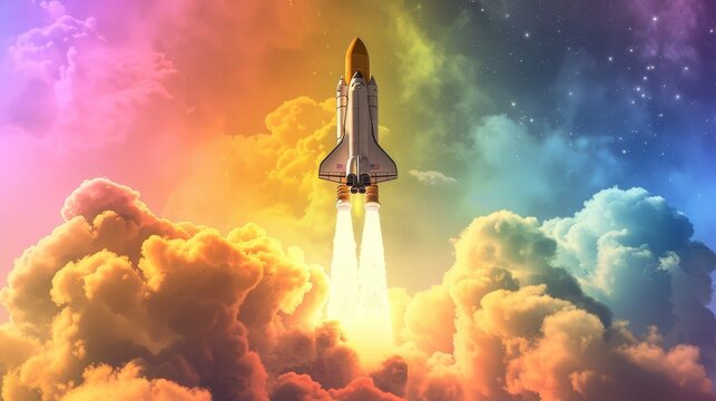 Rocket ship blasting off into a rainbow-colored sky  AI generated illustration