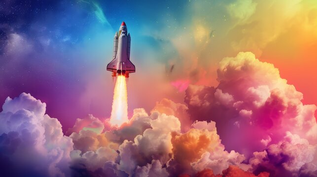 Rocket ship blasting off into a rainbow-colored sky AI generated illustration