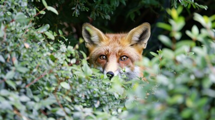 Wall Mural - Sneaky fox peeking out from behind a bush  AI generated illustration