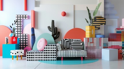 Poster - Stylish and modern family composition in Memphis design  AI generated illustration