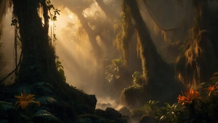 Poster - Dense rainforest canopy with sunlight filtering through leaves