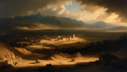 Canvas Print - A small town sits in the middle of a desert valley, with dramatic clouds above