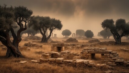 Sticker - Stone ruins and olive trees stand in a misty field at sunrise