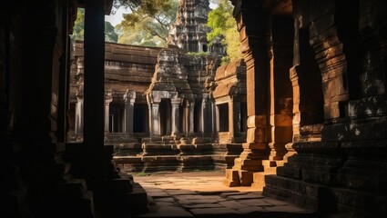 Poster - Stone pillars and shadows cast in Angkor Wat's inner courtyard