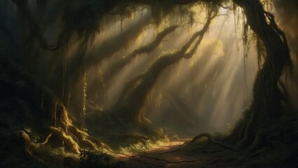 Wall Mural - Sunlight streams through the dense canopy of a tropical rainforest, illuminating a winding path