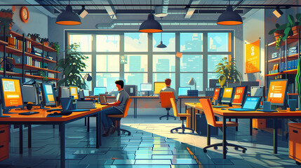 interior of startup office, cartoon style illustration of tech startup office with modern decor, developers working on computers
