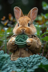 Wall Mural - A fluffy bunny enjoying a feast of fresh kale and other leafy greens,