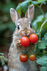 Wall Mural - An adorable bunny savoring a treat of sweet cherry tomatoes,