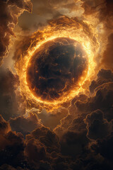Poster - Creative interpretation of a solar eclipse with a black sun and swirling white and gray clouds,