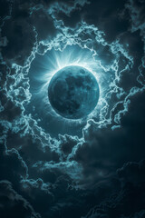 Poster - Creative interpretation of a solar eclipse with a black sun and swirling white and gray clouds,