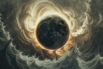 Poster - Solar eclipse artwork featuring an abstract black sun and swirling white and gray clouds,