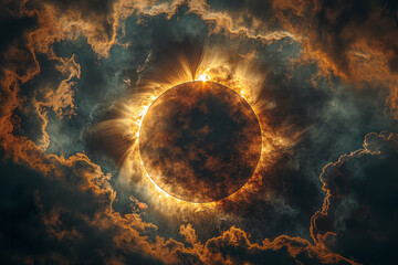 Poster - Abstract solar eclipse scene with a black sun and spiraling white and gray clouds,